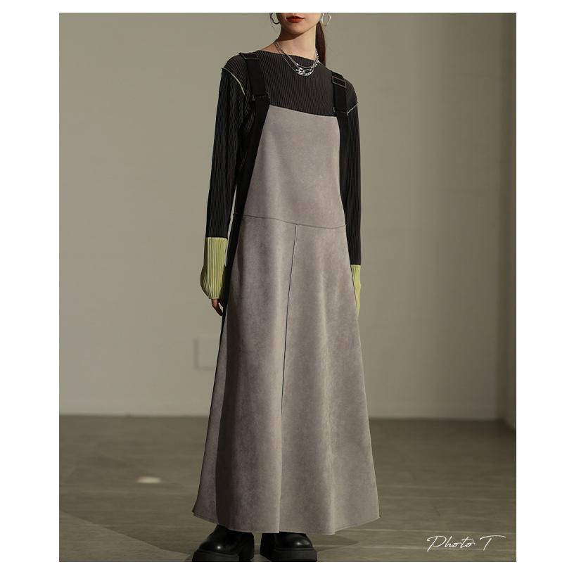 ワンピース レディース ロング スエード フレア カジュアル モード 体型カバー 秋 冬 秋服 冬服 大人可愛い 大人 可愛い 30代 40代 50代 60代 アラモードの画像