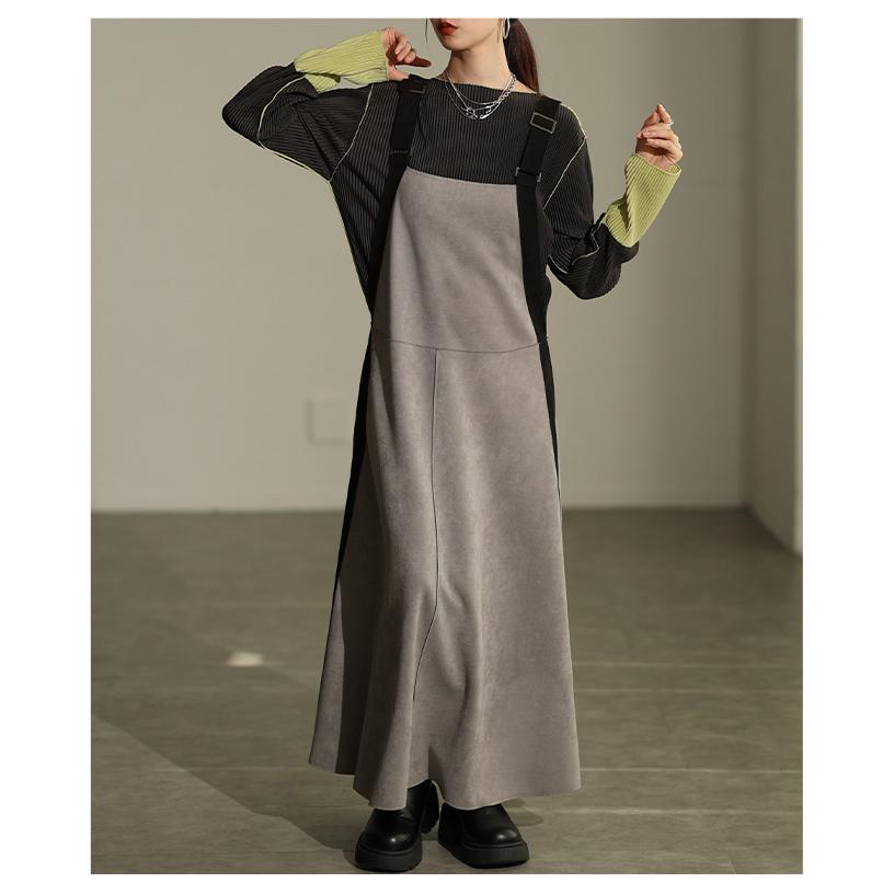 ワンピース レディース ロング スエード フレア カジュアル モード 体型カバー 秋 冬 秋服 冬服 大人可愛い 大人 可愛い 30代 40代 50代 60代 アラモードの画像