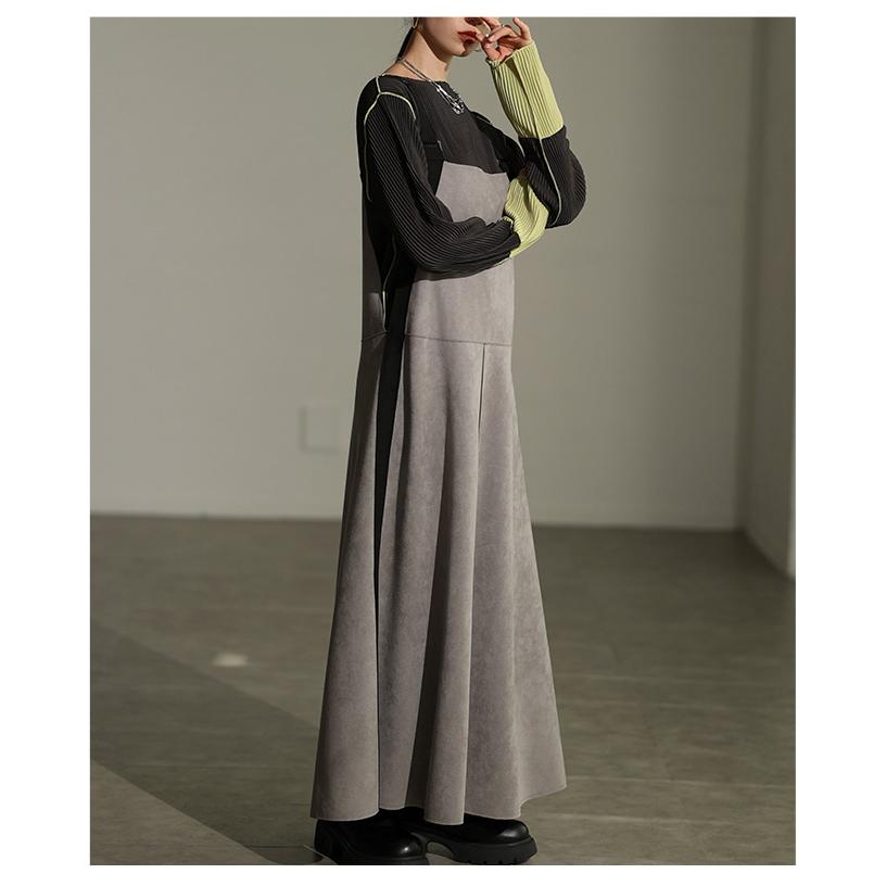 ワンピース レディース ロング スエード フレア カジュアル モード 体型カバー 秋 冬 秋服 冬服 大人可愛い 大人 可愛い 30代 40代 50代 60代 アラモードの画像