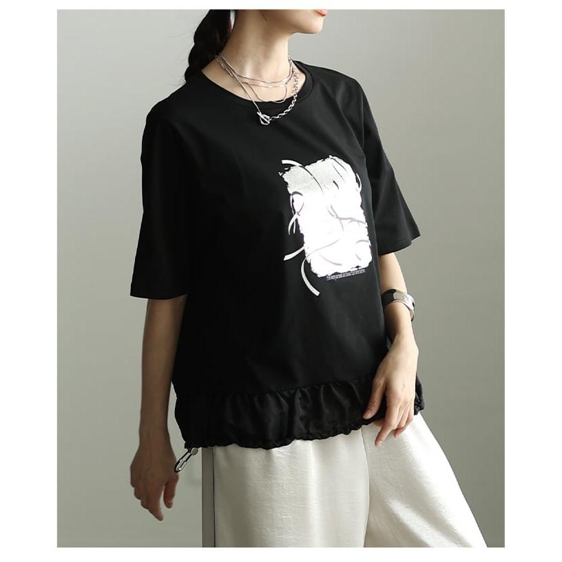 レディース Tシャツ トップス 半袖 ゆったり 体型カバー ドローコード カジュアル 春 夏 春服 夏服 大人可愛い 大人 可愛い 30代 40代 50代 60代 アラモードの画像