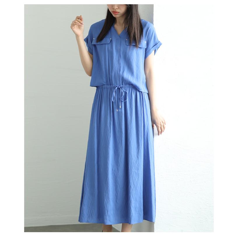 レディース ワンピース アイボリー ブルー 青 半袖 フレンチスリーブ ロング丈 フレア キーネック 大人可愛い 大人 可愛い 30代 40代 50代 60代  イベントセールの画像