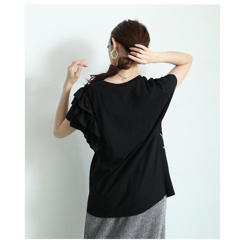 レディース トップス カットソー Tシャツ ブラック 黒 ホワイト 半袖 花柄 刺繍 コットン フリル 大人可愛い 大人 可愛い 30代 40代 50代 60代   イベントセールの画像
