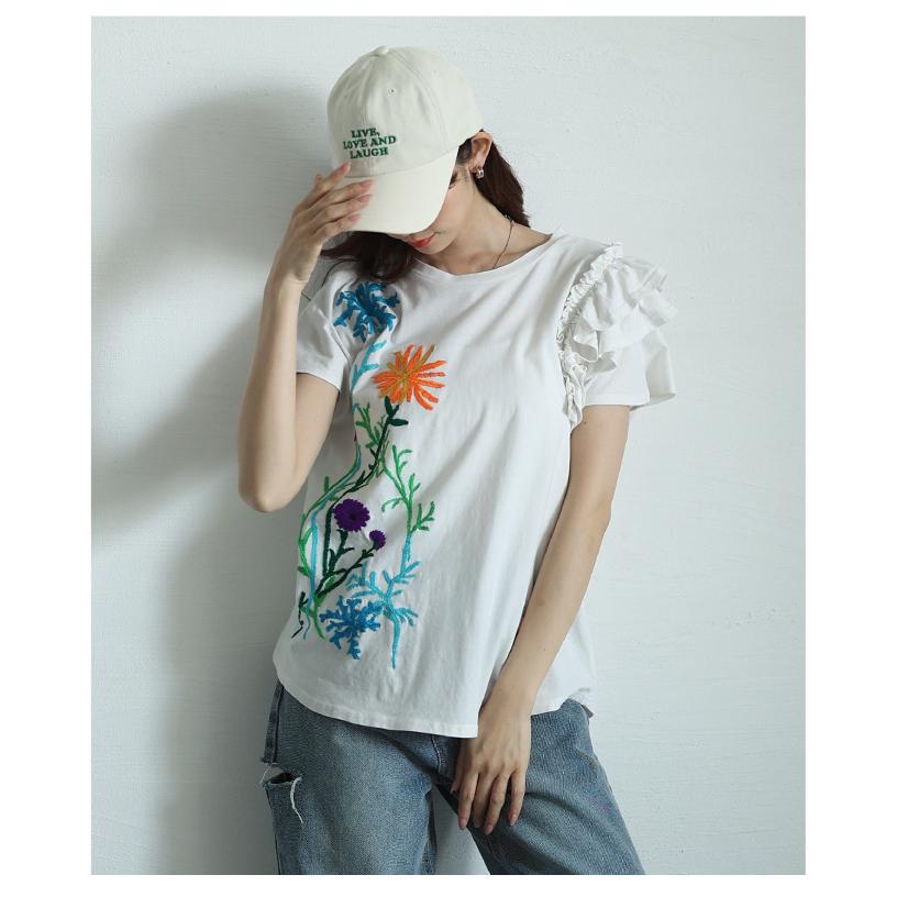 レディース トップス カットソー Tシャツ ブラック 黒 ホワイト 半袖 花柄 刺繍 コットン フリル 大人可愛い 大人 可愛い 30代 40代 50代 60代   イベントセールの画像