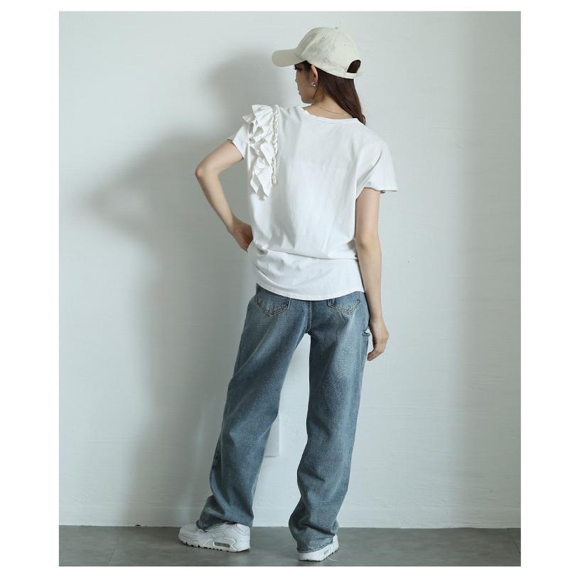レディース トップス カットソー Tシャツ ブラック 黒 ホワイト 半袖 花柄 刺繍 コットン フリル 大人可愛い 大人 可愛い 30代 40代 50代 60代   イベントセールの画像