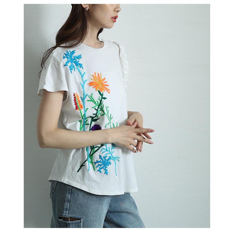 レディース トップス カットソー Tシャツ ブラック 黒 ホワイト 半袖 花柄 刺繍 コットン フリル 大人可愛い 大人 可愛い 30代 40代 50代 60代   イベントセールの画像