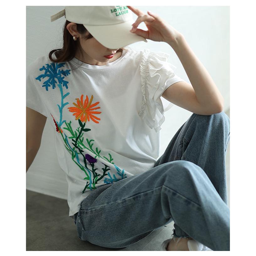 レディース トップス カットソー Tシャツ ブラック 黒 ホワイト 半袖 花柄 刺繍 コットン フリル 大人可愛い 大人 可愛い 30代 40代 50代 60代   イベントセールの画像