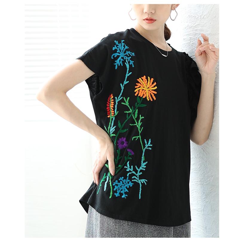 レディース トップス カットソー Tシャツ ブラック 黒 ホワイト 半袖 花柄 刺繍 コットン フリル 大人可愛い 大人 可愛い 30代 40代 50代 60代   イベントセールの画像
