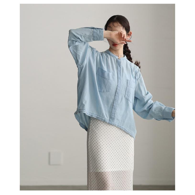 レディース トップス シャツ ブラウス デニム シアー ギャザー ドロスト 長袖 ネイビー ブルー 大人可愛い 大人 可愛い 30代 40代 50代 60代 サワアラモードの画像