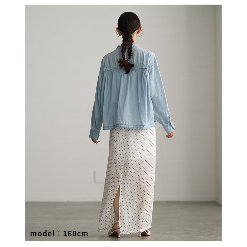 レディース トップス シャツ ブラウス デニム シアー ギャザー ドロスト 長袖 ネイビー ブルー 大人可愛い 大人 可愛い 30代 40代 50代 60代 サワアラモードの画像