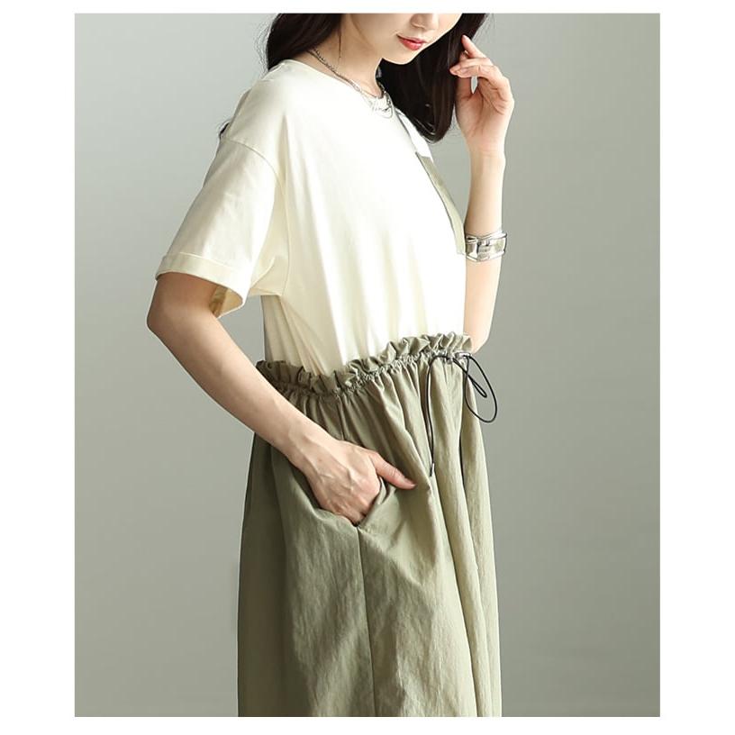 ワンピース レディース ドロスト 半袖 ゆったり 体型カバー 配色デザイン カジュアル 春 夏 春服 夏服 大人可愛い 大人 可愛い 30代 40代 50代 60代 アラモードの画像