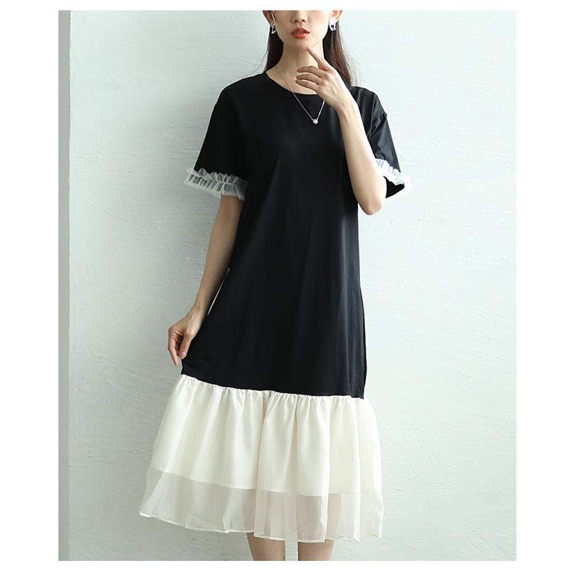 レディース ワンピース ブラック 黒 ワンピ 半袖 ミモレ丈 チュール 異素材 ドッキング フレア 夏服 大人可愛い きれいめ 30代 40代 50代 女性 サワアラモードの画像