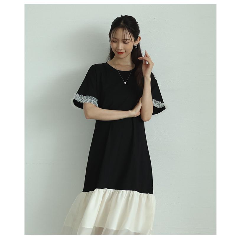 レディース ワンピース ブラック 黒 ワンピ 半袖 ミモレ丈 チュール 異素材 ドッキング フレア 夏服 大人可愛い きれいめ 30代 40代 50代 女性 サワアラモードの画像