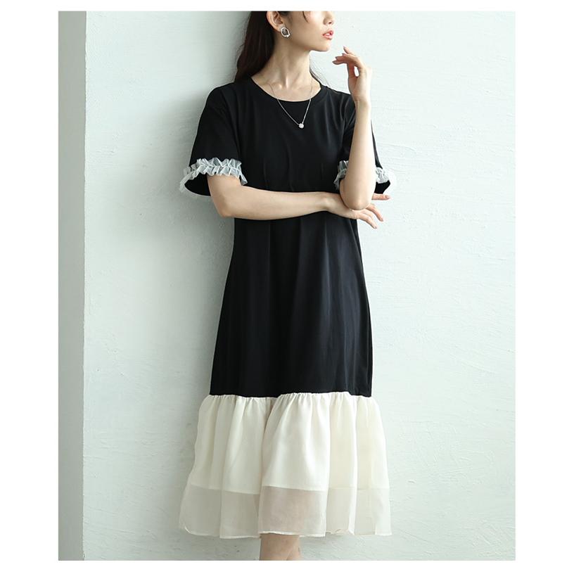 レディース ワンピース ブラック 黒 ワンピ 半袖 ミモレ丈 チュール 異素材 ドッキング フレア 夏服 大人可愛い きれいめ 30代 40代 50代 女性 サワアラモードの画像