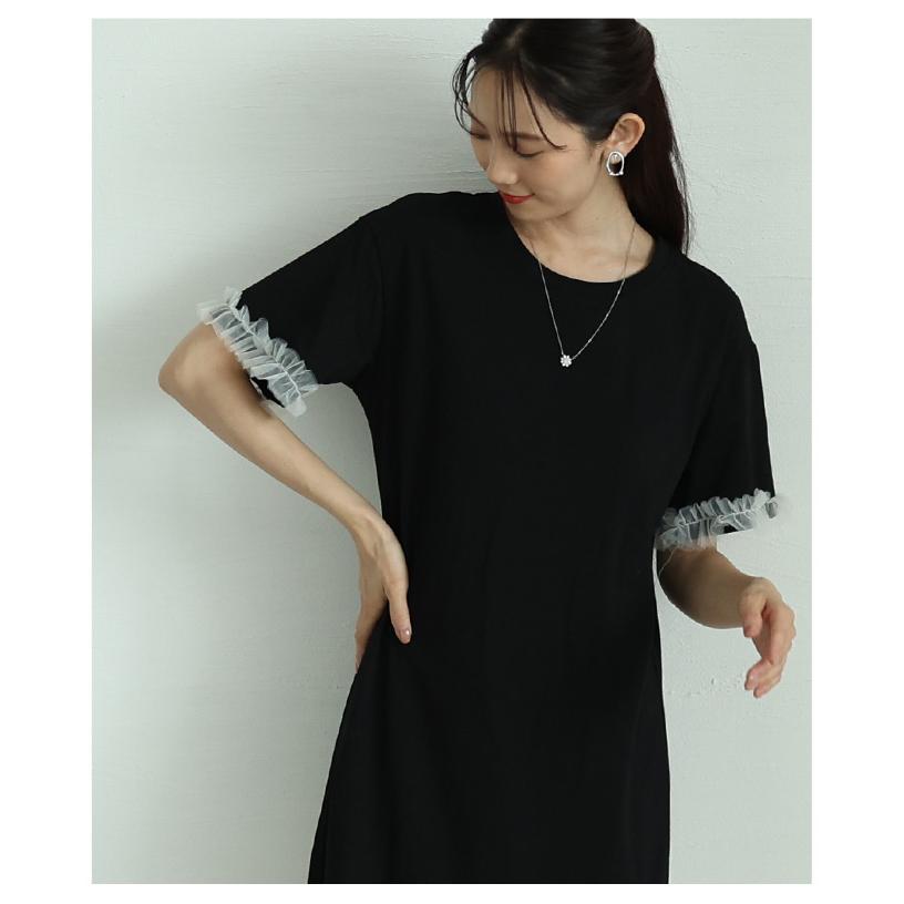 レディース ワンピース ブラック 黒 ワンピ 半袖 ミモレ丈 チュール 異素材 ドッキング フレア 夏服 大人可愛い きれいめ 30代 40代 50代 女性 サワアラモードの画像