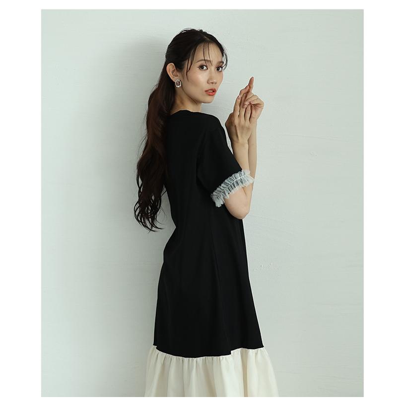 レディース ワンピース ブラック 黒 ワンピ 半袖 ミモレ丈 チュール 異素材 ドッキング フレア 夏服 大人可愛い きれいめ 30代 40代 50代 女性 サワアラモードの画像