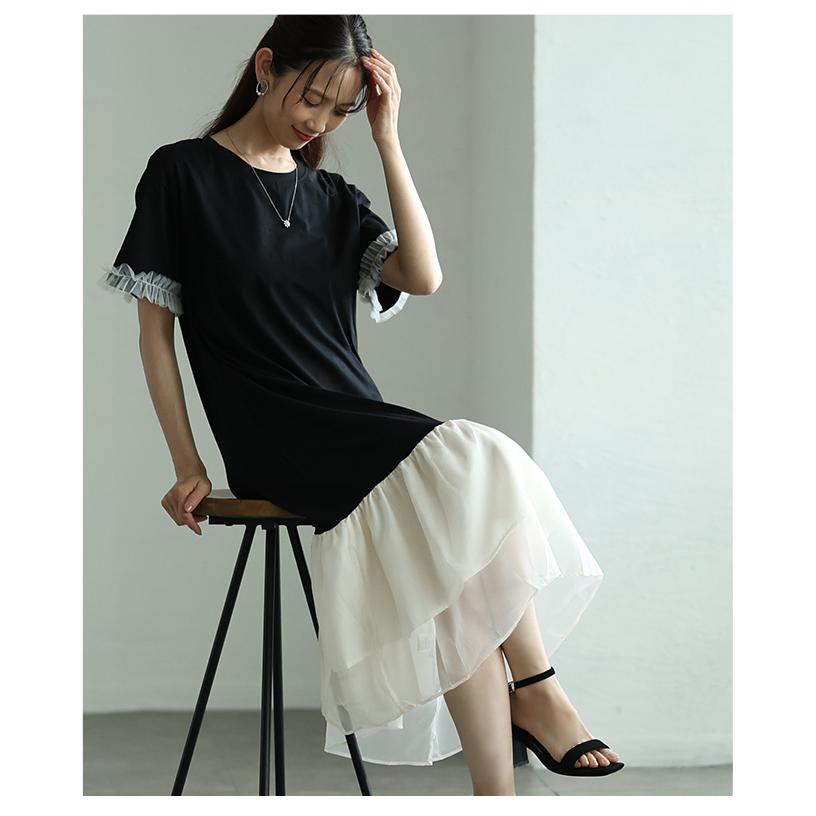 レディース ワンピース ブラック 黒 ワンピ 半袖 ミモレ丈 チュール 異素材 ドッキング フレア 夏服 大人可愛い きれいめ 30代 40代 50代 女性 サワアラモードの画像