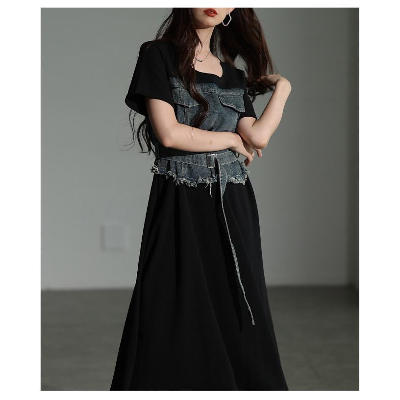 レディース ワンピース 黒 ブラック 半袖 ロング デニム ドッキング フレア 綿 コットン 夏服 春服 秋 大人可愛い きれいめ 30代 40代 50代 女性 サワアラモードの画像