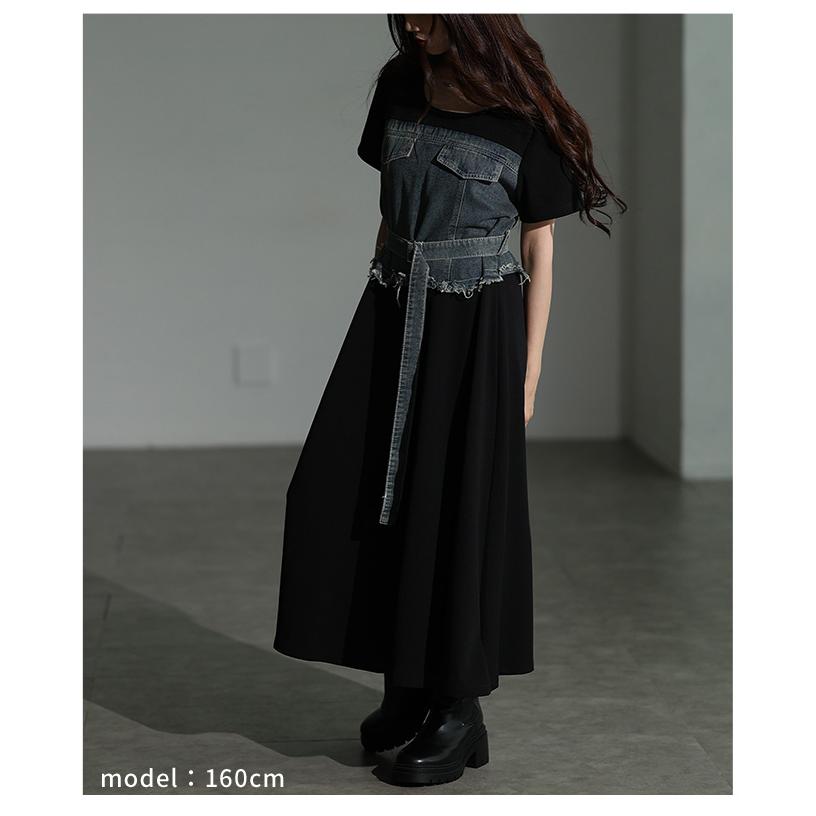 レディース ワンピース 黒 ブラック 半袖 ロング デニム ドッキング フレア 綿 コットン 夏服 春服 秋 大人可愛い きれいめ 30代 40代 50代 女性 サワアラモードの画像