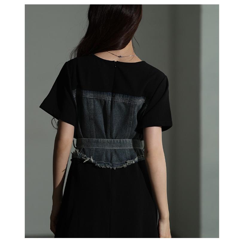 レディース ワンピース 黒 ブラック 半袖 ロング デニム ドッキング フレア 綿 コットン 夏服 春服 秋 大人可愛い きれいめ 30代 40代 50代 女性 サワアラモードの画像