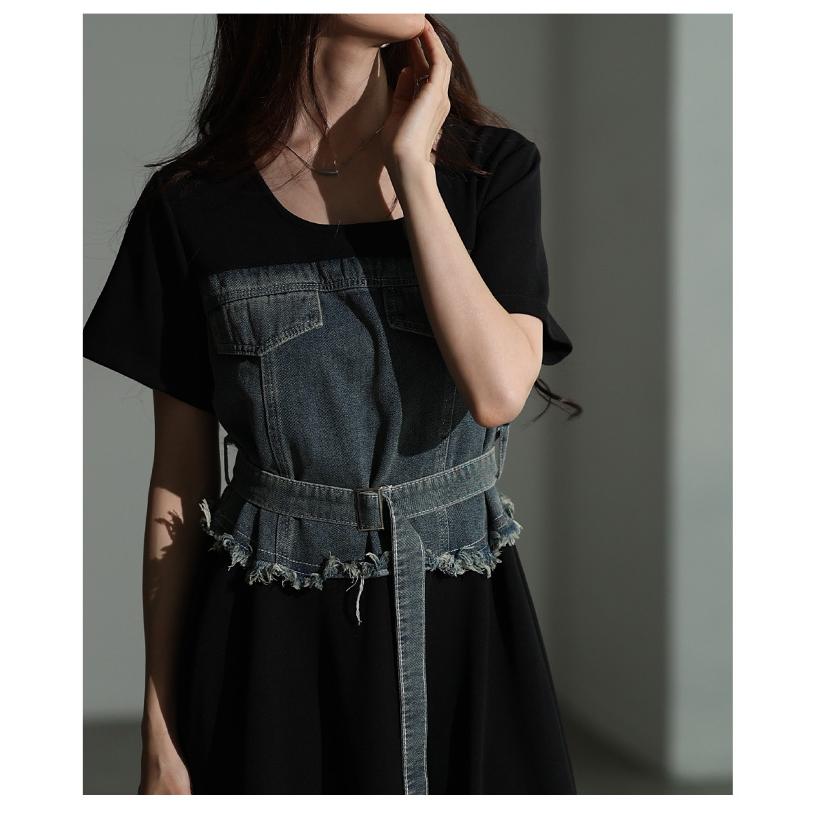 レディース ワンピース 黒 ブラック 半袖 ロング デニム ドッキング フレア 綿 コットン 夏服 春服 秋 大人可愛い きれいめ 30代 40代 50代 女性 サワアラモードの画像