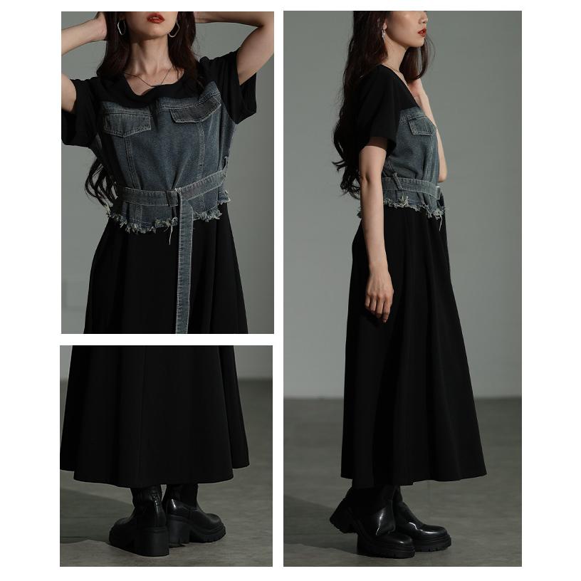 レディース ワンピース 黒 ブラック 半袖 ロング デニム ドッキング フレア 綿 コットン 夏服 春服 秋 大人可愛い きれいめ 30代 40代 50代 女性 サワアラモードの画像