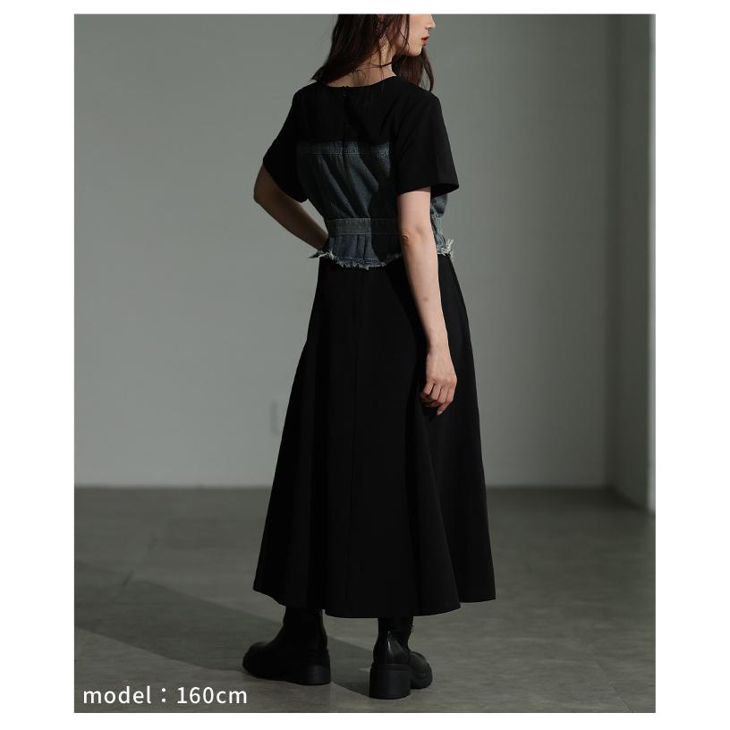 レディース ワンピース 黒 ブラック 半袖 ロング デニム ドッキング フレア 綿 コットン 夏服 春服 秋 大人可愛い きれいめ 30代 40代 50代 女性 サワアラモードの画像
