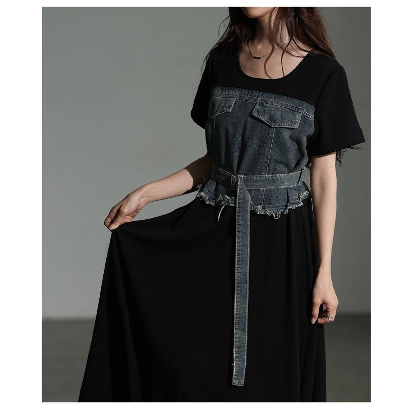 レディース ワンピース 黒 ブラック 半袖 ロング デニム ドッキング フレア 綿 コットン 夏服 春服 秋 大人可愛い きれいめ 30代 40代 50代 女性 サワアラモードの画像