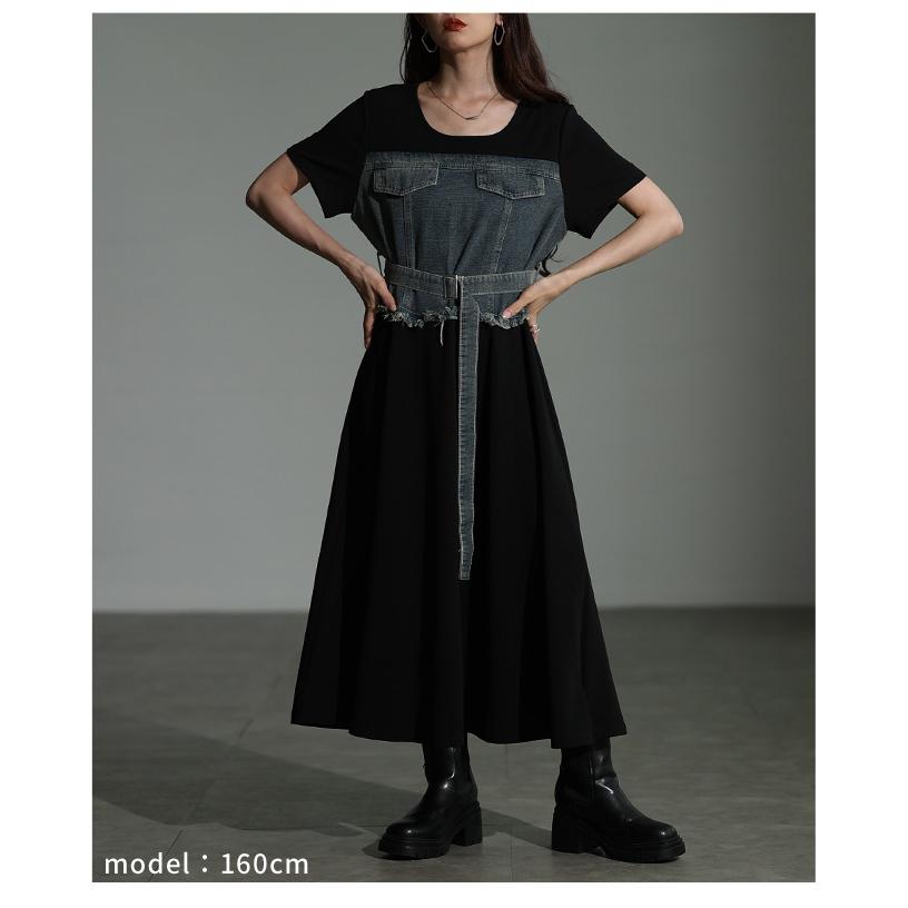 レディース ワンピース 黒 ブラック 半袖 ロング デニム ドッキング フレア 綿 コットン 夏服 春服 秋 大人可愛い きれいめ 30代 40代 50代 女性 サワアラモードの画像