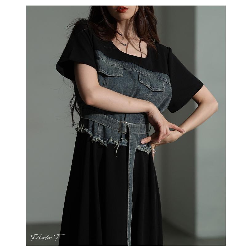 レディース ワンピース 黒 ブラック 半袖 ロング デニム ドッキング フレア 綿 コットン 夏服 春服 秋 大人可愛い きれいめ 30代 40代 50代 女性 サワアラモードの画像