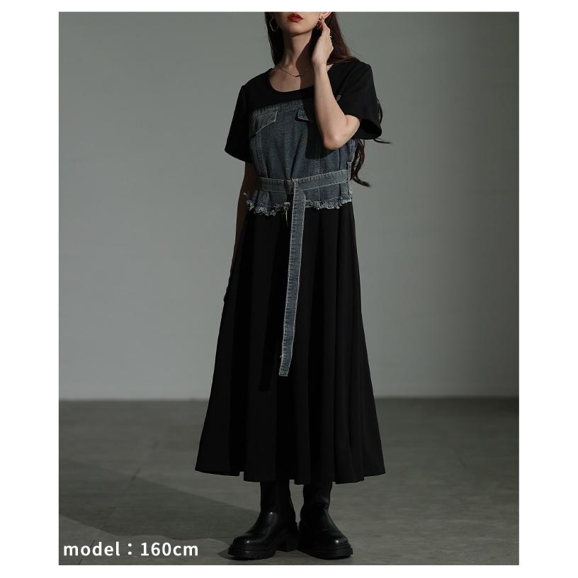 レディース ワンピース 黒 ブラック 半袖 ロング デニム ドッキング フレア 綿 コットン 夏服 春服 秋 大人可愛い きれいめ 30代 40代 50代 女性 サワアラモードの画像