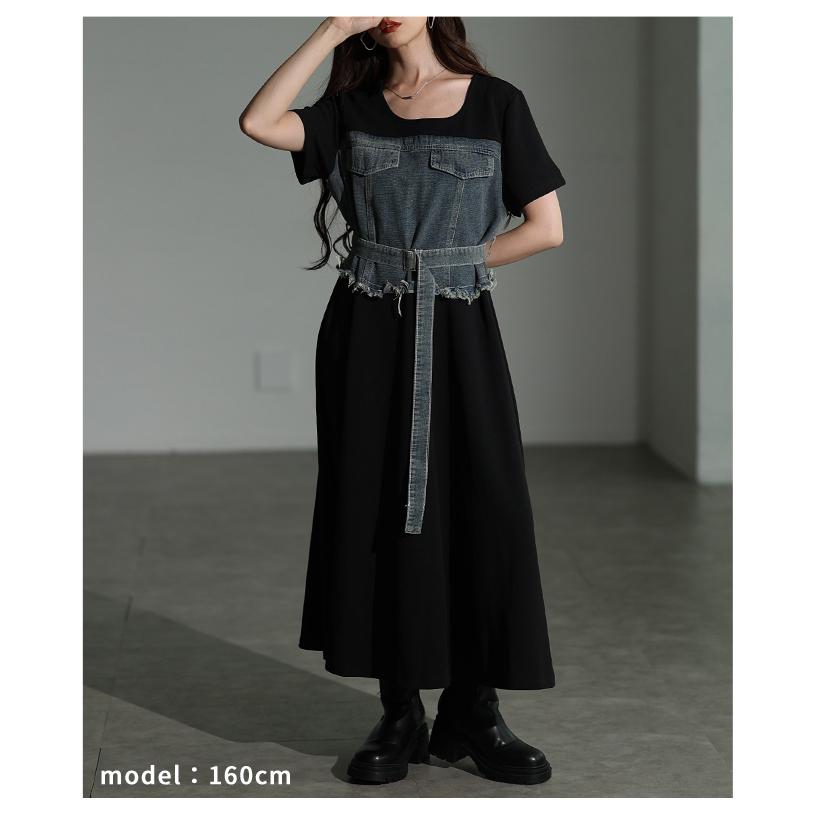 レディース ワンピース 黒 ブラック 半袖 ロング デニム ドッキング フレア 綿 コットン 夏服 春服 秋 大人可愛い きれいめ 30代 40代 50代 女性 サワアラモードの画像