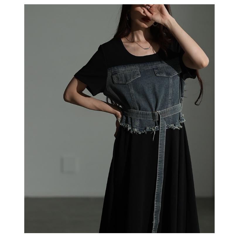 レディース ワンピース 黒 ブラック 半袖 ロング デニム ドッキング フレア 綿 コットン 夏服 春服 秋 大人可愛い きれいめ 30代 40代 50代 女性 サワアラモードの画像