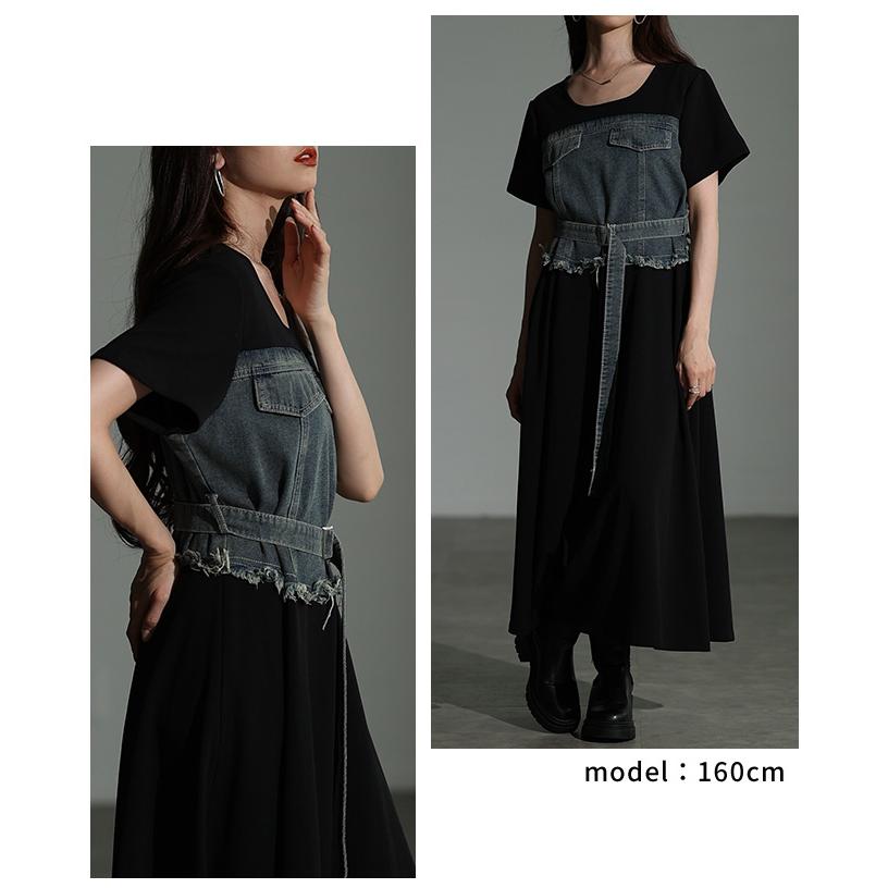 レディース ワンピース 黒 ブラック 半袖 ロング デニム ドッキング フレア 綿 コットン 夏服 春服 秋 大人可愛い きれいめ 30代 40代 50代 女性 サワアラモードの画像
