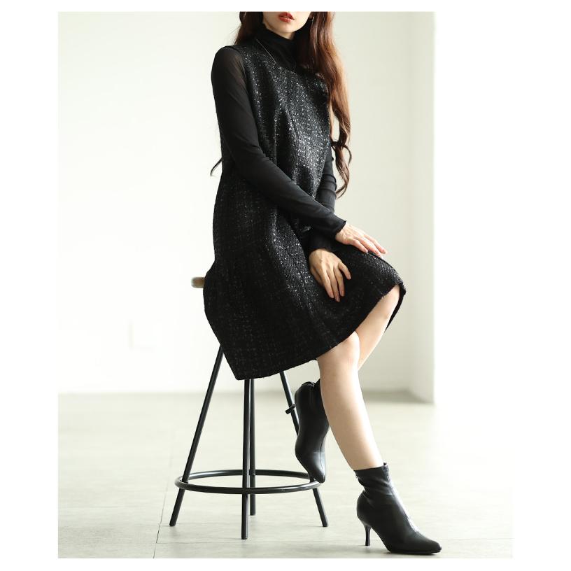 ワンピース レディース ツイード ティアード フレア ギャザー