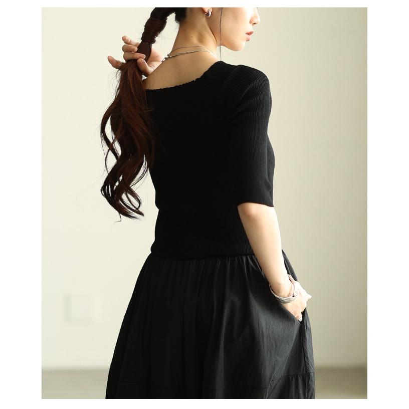 レディース ワンピース ブラック 黒 ネイビー 紺 5分袖 ロング丈 ニット フレア ボートネック 異素材 秋服 大人可愛い きれいめ 30代 40代 50代 女性 アラモードの画像