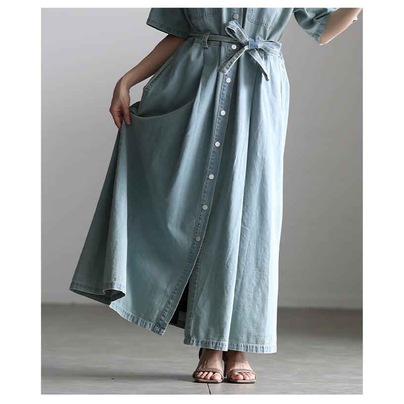 ワンピース レディース 半袖 デニム 体型カバー ベルト付き 前開き 2WAY カジュアル 春 夏 春服 夏服 大人可愛い 大人 可愛い 30代 40代 50代 60代 アラモードの画像