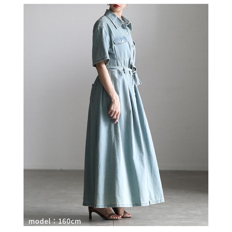 ワンピース レディース 半袖 デニム 体型カバー ベルト付き 前開き 2WAY カジュアル 春 夏 春服 夏服 大人可愛い 大人 可愛い 30代 40代 50代 60代 アラモードの画像