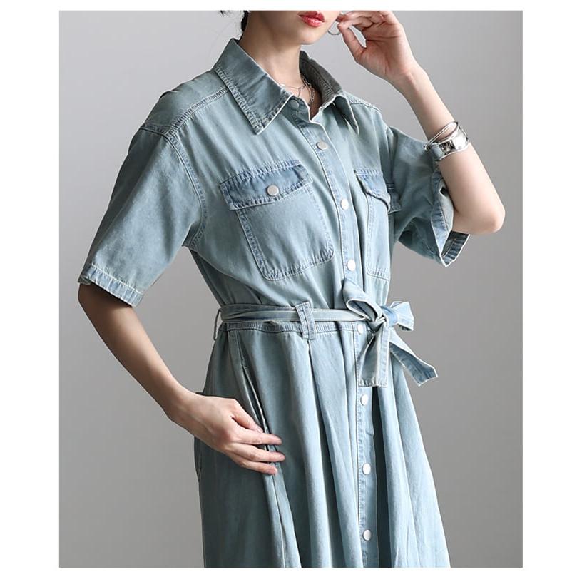 ワンピース レディース 半袖 デニム 体型カバー ベルト付き 前開き 2WAY カジュアル 春 夏 春服 夏服 大人可愛い 大人 可愛い 30代 40代 50代 60代 アラモードの画像