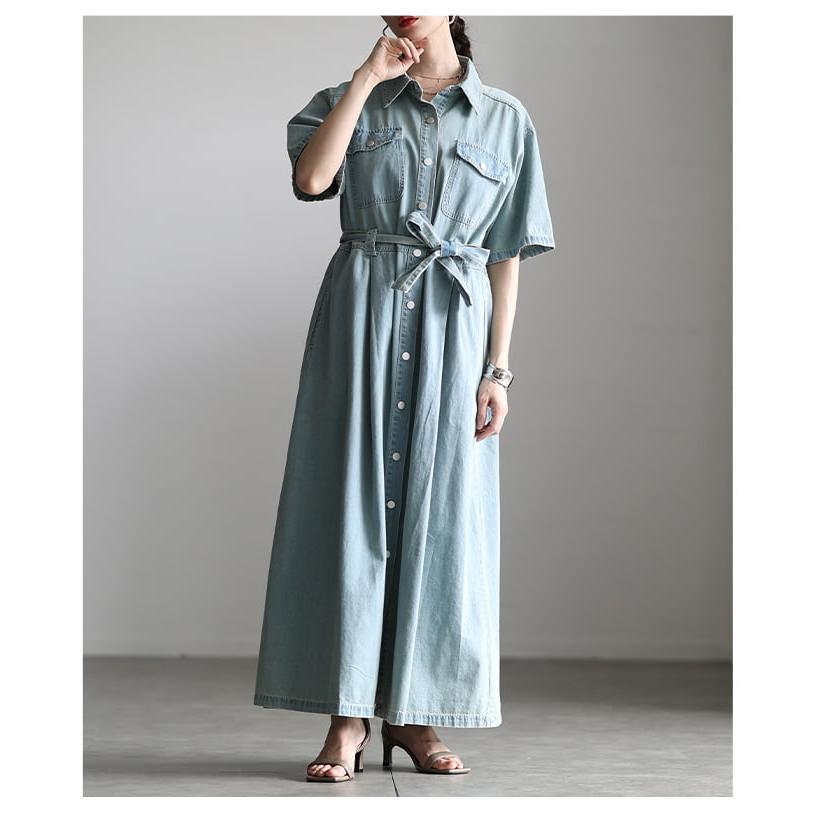 ワンピース レディース 半袖 デニム 体型カバー ベルト付き 前開き 2WAY カジュアル 春 夏 春服 夏服 大人可愛い 大人 可愛い 30代 40代 50代 60代 アラモードの画像
