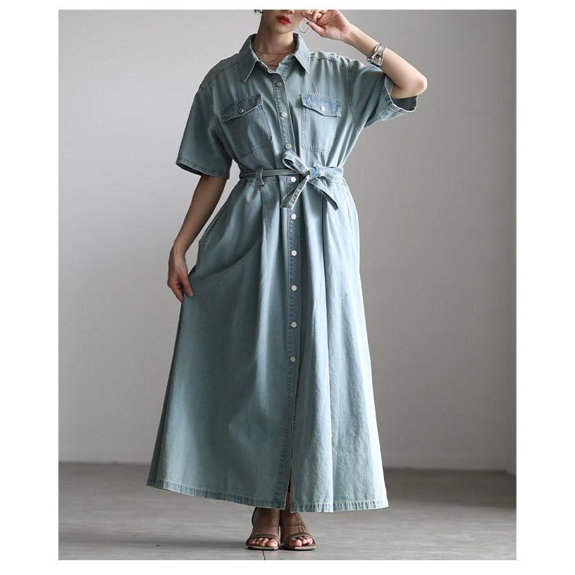 ワンピース レディース 半袖 デニム 体型カバー ベルト付き 前開き 2WAY カジュアル 春 夏 春服 夏服 大人可愛い 大人 可愛い 30代 40代 50代 60代 アラモードの画像