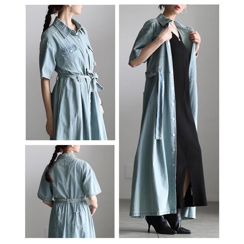 ワンピース レディース 半袖 デニム 体型カバー ベルト付き 前開き 2WAY カジュアル 春 夏 春服 夏服 大人可愛い 大人 可愛い 30代 40代 50代 60代 アラモードの画像