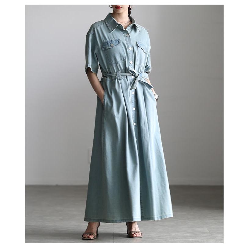 ワンピース レディース 半袖 デニム 体型カバー ベルト付き 前開き 2WAY カジュアル 春 夏 春服 夏服 大人可愛い 大人 可愛い 30代 40代 50代 60代 アラモードの画像