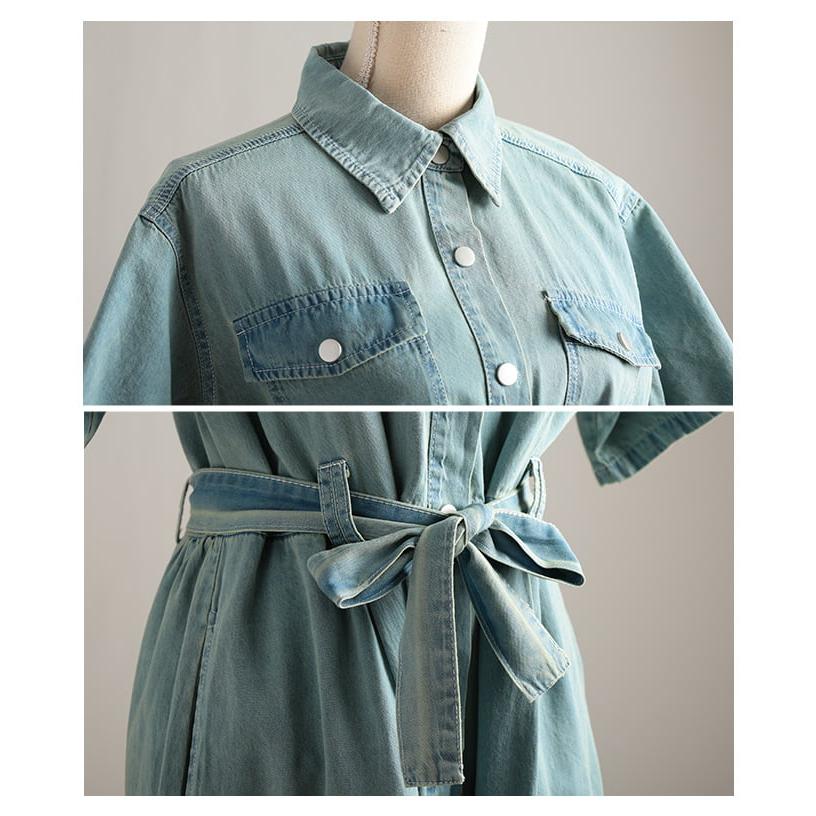 ワンピース レディース 半袖 デニム 体型カバー ベルト付き 前開き 2WAY カジュアル 春 夏 春服 夏服 大人可愛い 大人 可愛い 30代 40代 50代 60代 アラモードの画像