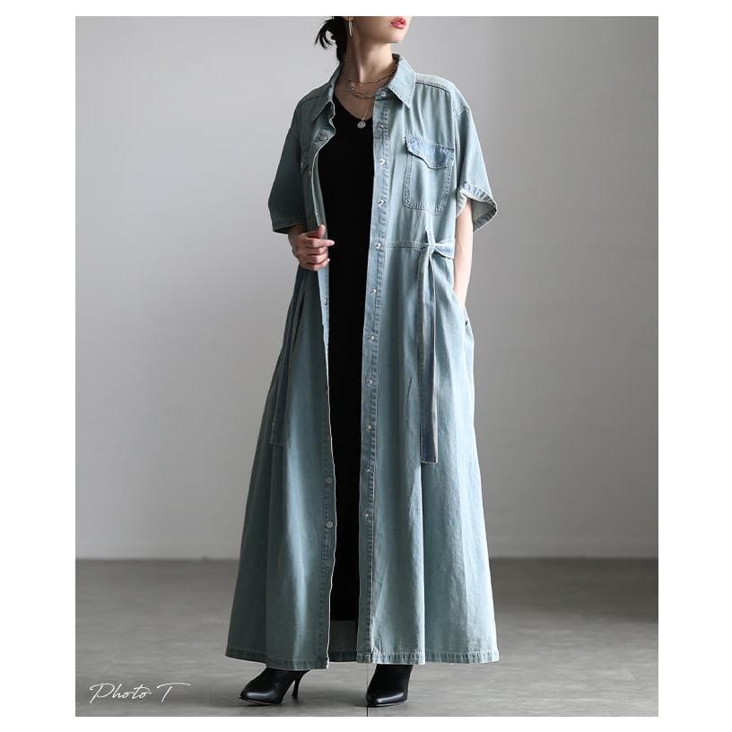 ワンピース レディース 半袖 デニム 体型カバー ベルト付き 前開き 2WAY カジュアル 春 夏 春服 夏服 大人可愛い 大人 可愛い 30代 40代 50代 60代 アラモードの画像