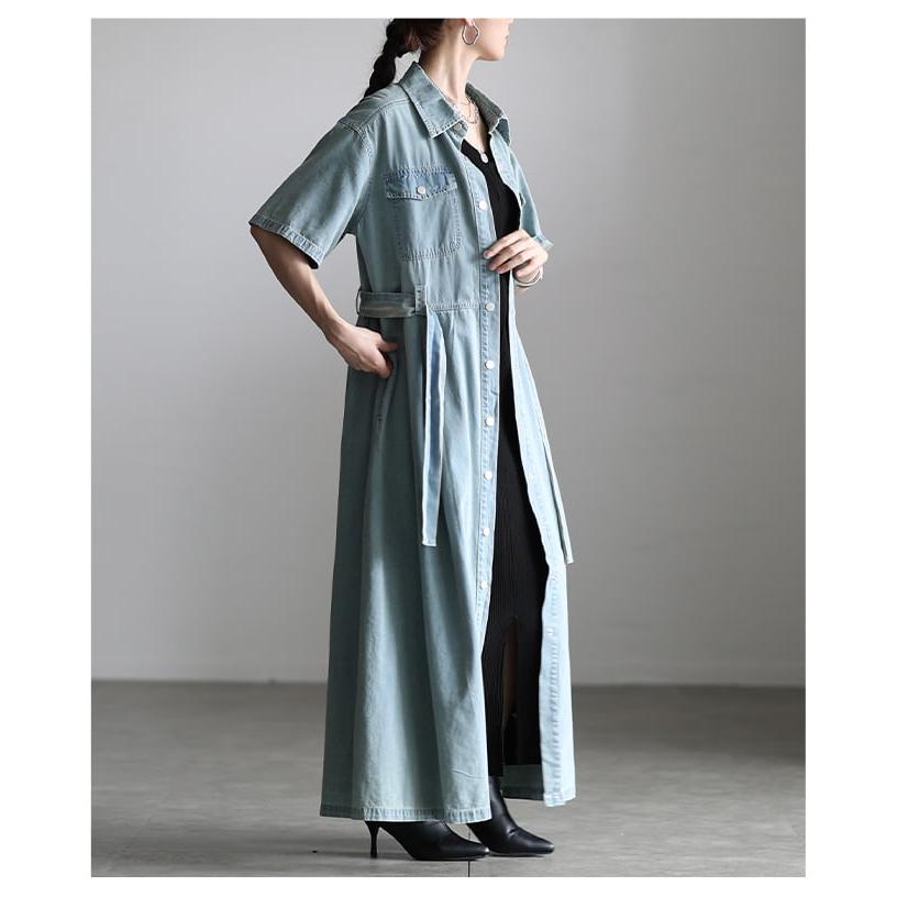 ワンピース レディース 半袖 デニム 体型カバー ベルト付き 前開き 2WAY カジュアル 春 夏 春服 夏服 大人可愛い 大人 可愛い 30代 40代 50代 60代 アラモードの画像