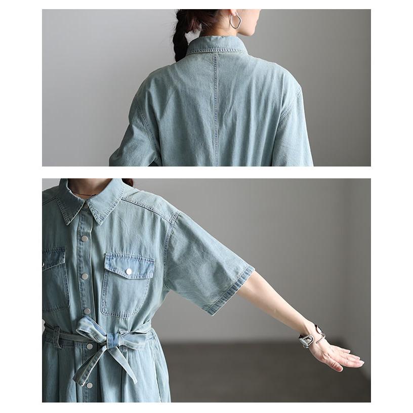 ワンピース レディース 半袖 デニム 体型カバー ベルト付き 前開き 2WAY カジュアル 春 夏 春服 夏服 大人可愛い 大人 可愛い 30代 40代 50代 60代 アラモードの画像