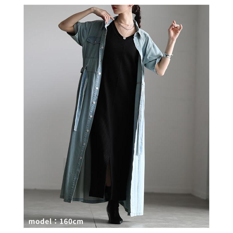 ワンピース レディース 半袖 デニム 体型カバー ベルト付き 前開き 2WAY カジュアル 春 夏 春服 夏服 大人可愛い 大人 可愛い 30代 40代 50代 60代 アラモードの画像