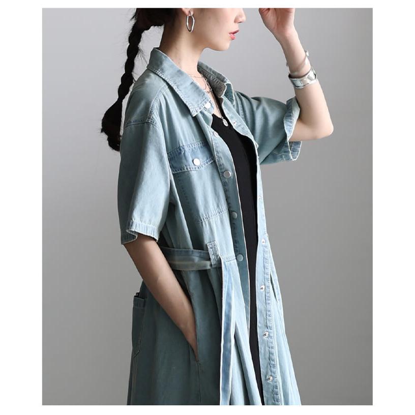 ワンピース レディース 半袖 デニム 体型カバー ベルト付き 前開き 2WAY カジュアル 春 夏 春服 夏服 大人可愛い 大人 可愛い 30代 40代 50代 60代 アラモードの画像