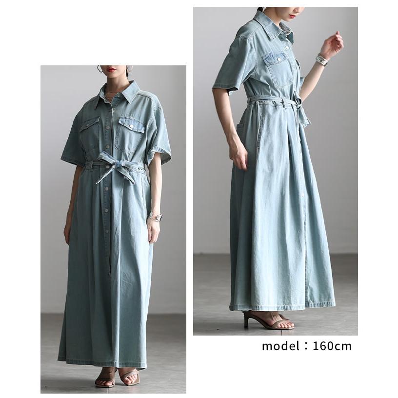 ワンピース レディース 半袖 デニム 体型カバー ベルト付き 前開き 2WAY カジュアル 春 夏 春服 夏服 大人可愛い 大人 可愛い 30代 40代 50代 60代 アラモードの画像
