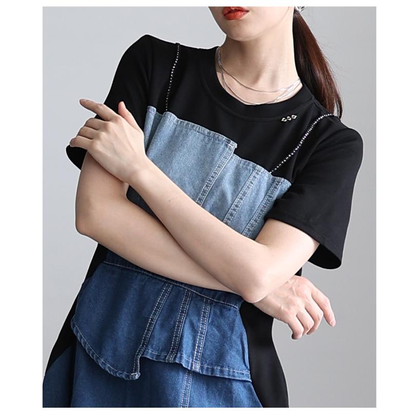 ワンピース レディース 異素材 デニム カットソー アシンメトリー スリット 半袖 ミモレ ブルー 大人可愛い 大人 可愛い 30代 40代 50代 60代 サワアラモードの画像